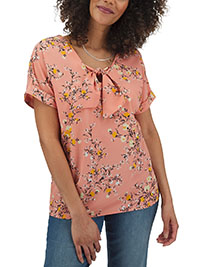PINK Floral Print Tie Neck Top - Plus Size 16 to 18
