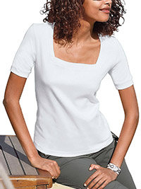 WHITE Pure Cotton Square Neck Plain T-Shirt - Size 10 to 28