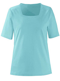 PALE-BLUE Pure Cotton Square Neck Plain T-Shirt - Size 10 to 28