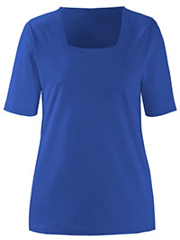 BRIGHT-BLUE Pure Cotton Square Neck Plain T-Shirt - Size 10 to 22