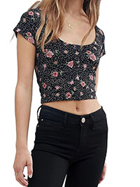 BLACK Floral Print Button Front Crop Top - Size 2 to 18