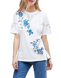 WHITE Pure Cotton Contrast Floral Embroidered Top - Size 8 to 22
