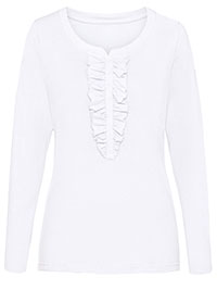 WHITE Pure Cotton Ruffle Detail Long Sleeve Top - Size 10 to 24
