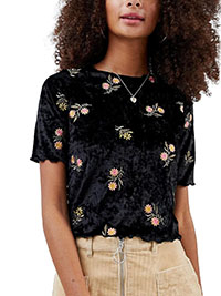 BLACK Floral Embroidered Crushed Velvet Top - Size 4 to 18