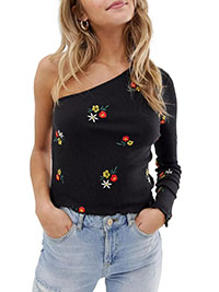 BLACK Floral Embroidered Ribbed One Shoulder Top - Size 6 to 18