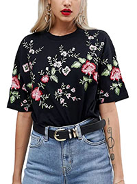 BLACK Pure Cotton Floral Embroidered Half Sleeve Top - Size 6 to 16