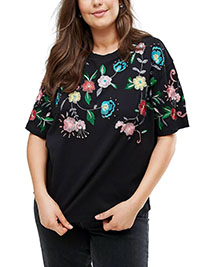 BLACK Pure Cotton Floral Embroidered Half Sleeve Top - Size 4 to 30