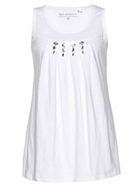 WHITE Pure Cotton Sleeveless Jewel Embellished Pleat Detail Top - Size 10/12 to 30/32 (S to 3XL)