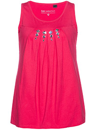 HOT-PINK Pure Cotton Sleeveless Jewel Embellished Pleat Detail Top - Size 10/12 to 30/32 (S to 3XL)