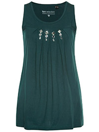 GREEN Pure Cotton Sleeveless Jewel Embellished Pleat Detail Top - Size 10/12 to 30/32 (S to 3XL)