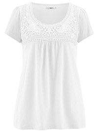 WHITE Pure Cotton Crochet Trim Top - Size 10/12 to 30/32 (S to 3XL)
