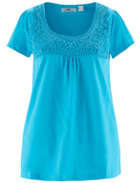 BRIGHT-BLUE Pure Cotton Crochet Trim Top - Size 10/12 to 30/32 (S to 3XL)