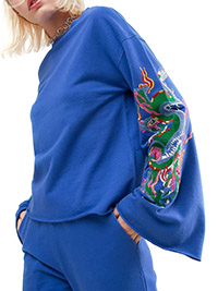 BLUE Pure Cotton Embroidered Dragon Wide Sleeve Sweatshirt - Size 4 to 18