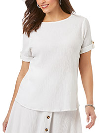 WHITE Pure Cotton Textured Turn Up Sleeve Top - Plus Size 16 to 30 (US 14W to 28W)
