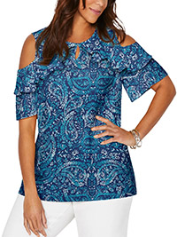 BLUE Paisley Print Frill Cold Shoulder Top - Plus Size 20/22 to 36/38 (US 1X to 5X)