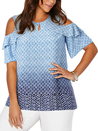 NAVY Border Print Frill Cold Shoulder Top - Plus Size 20/22 to 28/30 (US 1X to 3X)