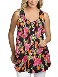 BLACK Floral Print Sleeveless Pintuck Gauze Shirt - Plus Size 16/18 to 36/38 (US M to 4X)