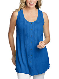 BLUE Sleeveless Pintuck Gauze Shirt - Plus Size 16/18 to 28/30 (US M to 2X)
