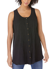 BLACK Sleeveless Pintuck Gauze Shirt - Plus Size 16/18 to 36/38 (US M to 4X)