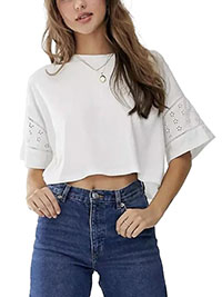 WHITE Pure Cotton Broderie Insert Crop Top - Size 4 to 18