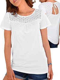 WHITE Pure Cotton Broderie Yoke Short Sleeve T-Shirt - Plus Size 22