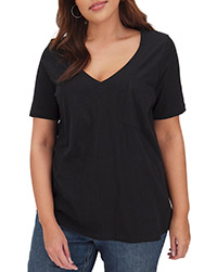 BLACK Pure Cotton V-Neck Pocket T-Shirt - Size 10 to 32