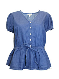 BLUE Button Front Denim Peplum Top - Size 6/8 to 16 (S to XL)