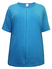 BLUE Cotton Blend Short Sleeve Pintuck Top - Plus Size 26 to 28