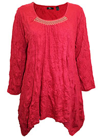 DEEP-RED Cotton Blend Embellished Hanky Hem Crinkle Top - Plus Size 14/16 to 30/32 (M to 3XL)