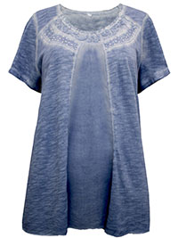 BLUE Cotton Jersey Rhinestone Detail Top - Plus Size 14 to 18
