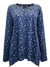 BLUE Cotton Blend Star Print Hanky Hem Crinkle Tunic - Size 10/12 to 30/32 (S to 3XL)