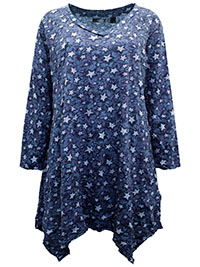 BLUE Cotton Blend Star Print Trapeze Hem Crinkle Tunic - Size 10/12 to 30/32 (S to 3XL)