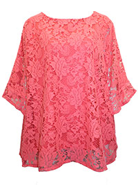 PLUS CORAL Lace Overlay Frill Cuff Top - Plus Size 16 to 30/32