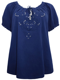 Plus Size NAVY Pure Cotton Embroidered Gypsy Top - Size 18 (44"Bust) Plus Size NAVY Pure Cotton Embroidered Gypsy Top - Size 18 (44"Bust)