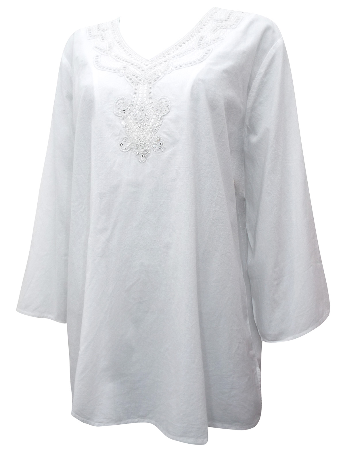 Chicos - - Chicos WHITE Pure Cotton 3/4 Sleeve Embellished Top - Plus ...