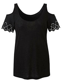 Capsule BLACK Broderie Sleeve Cold Shoulder Top - Plus Size 12 to 24