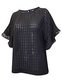 BLACK Textured Check Frill Sleeve Top - Size 10 to 16