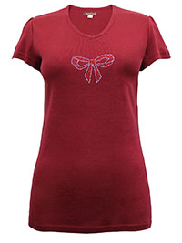 DEEP-RED Pure Cotton V-Neck Rhinestone Bow T-Shirt - Size 6/8 to 12/14 (S to XL)