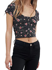 BLACK Floral Print Button Front Crop Top - Size 2 to 16