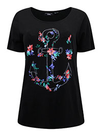 BLACK Pure Cotton Floral Anchor T-Shirt - Size 10/12 to 34/36 (S to 4XL)