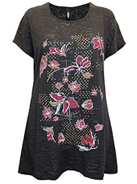 PLUS BLACK Floral Print Short Sleeve Burnout Top - Plus Size 16 to 30/32