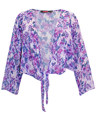 PURPLE Floral Print Woven Tie Front Bolero Shrug - Plus Size 18 to 24