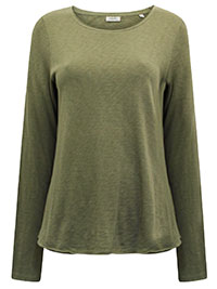 MoP OLIVE Pure Cotton Long Sleeve Raw Trim T-Shirt - Size 8 to 16 (XS to XL)