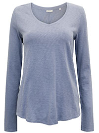 MoP BLUE Pure Cotton V-Neck Long Sleeve Top - Size 10 to 12 (S to M)