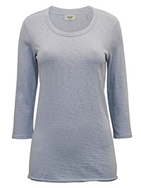 MoP SKY-BLUE Pure Cotton 3/4 Sleeve Raw Trim Top - Size 8 to 14 (XS to L)