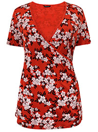 Originals RED Floral Print Wrap V-Neck Stretch Top - Size 10 to 20