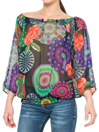D3sigual Betsy BLACK On-Off Shoulder Smocked Top - Size XSmall to XXLarge