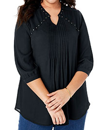 BLACK Studded Pintuck Blouse - Plus Size 16/18 to 40/42 (US M to 5X)
