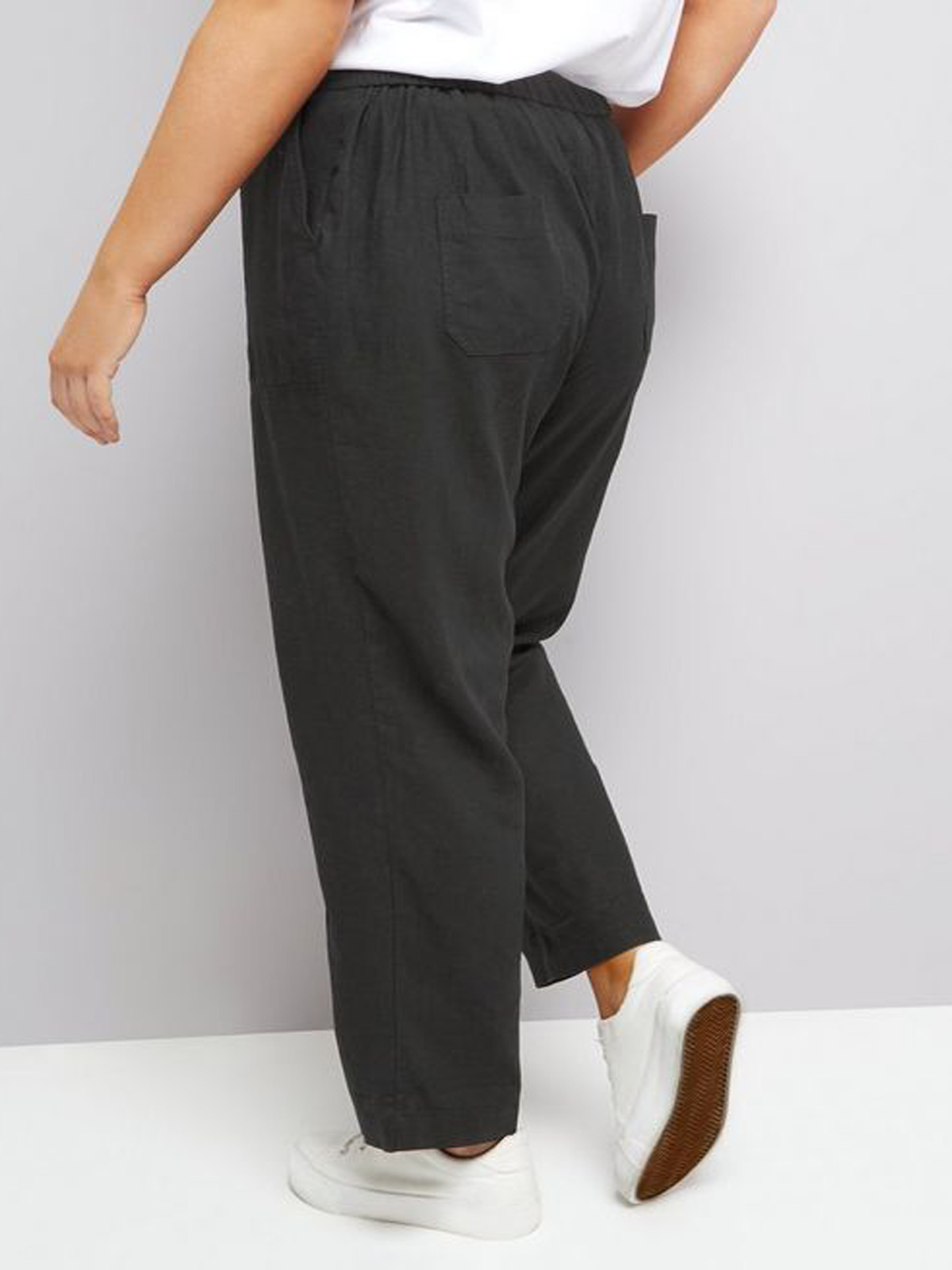 N3w L00k Curve BLACK Linen Blend Drawstring Trousers - Plus Size 20 to 28