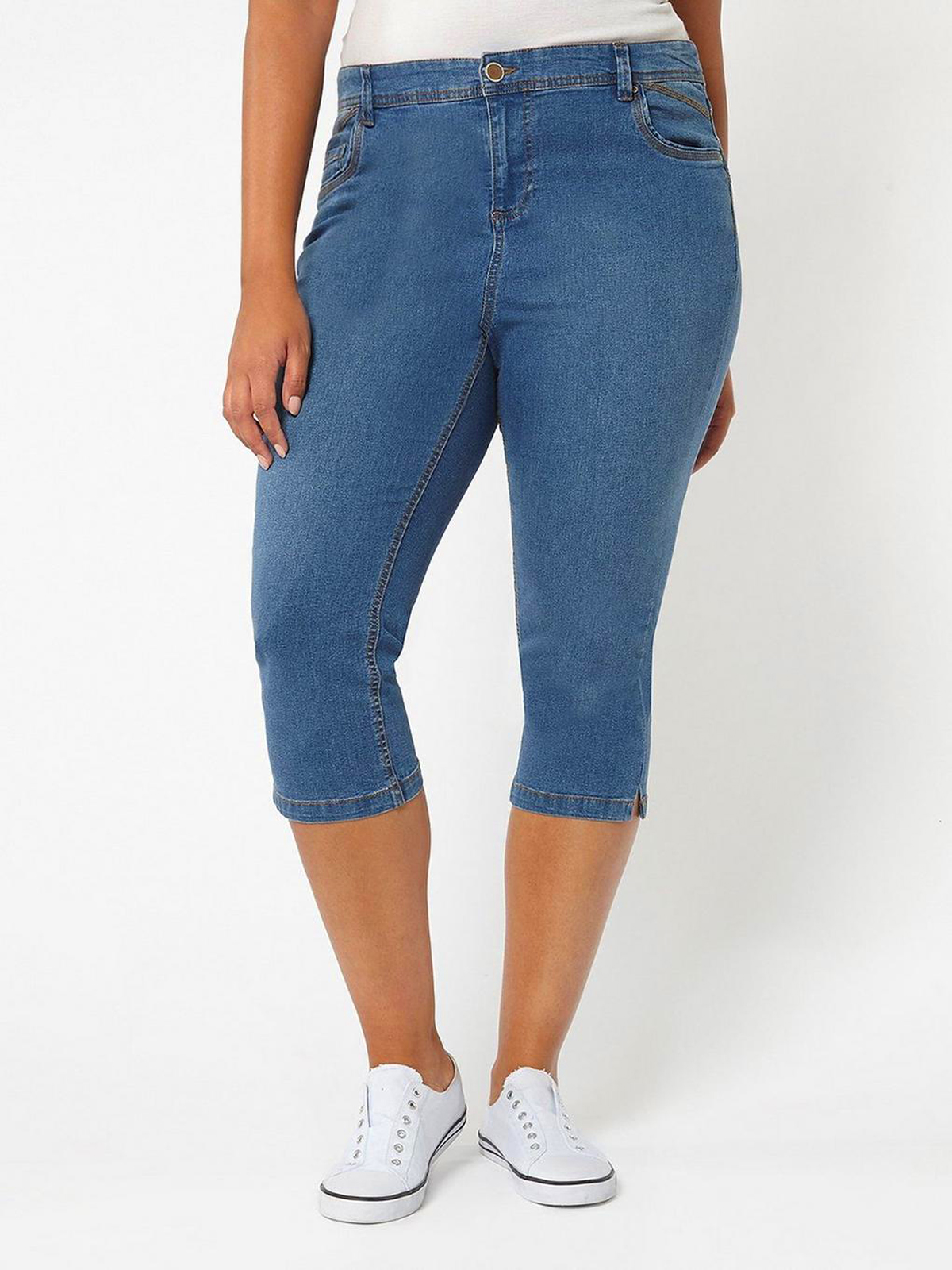 DENIM Cotton Rich 5Pocket Contrast Stitch Cropped Denim Jeans Plus Size